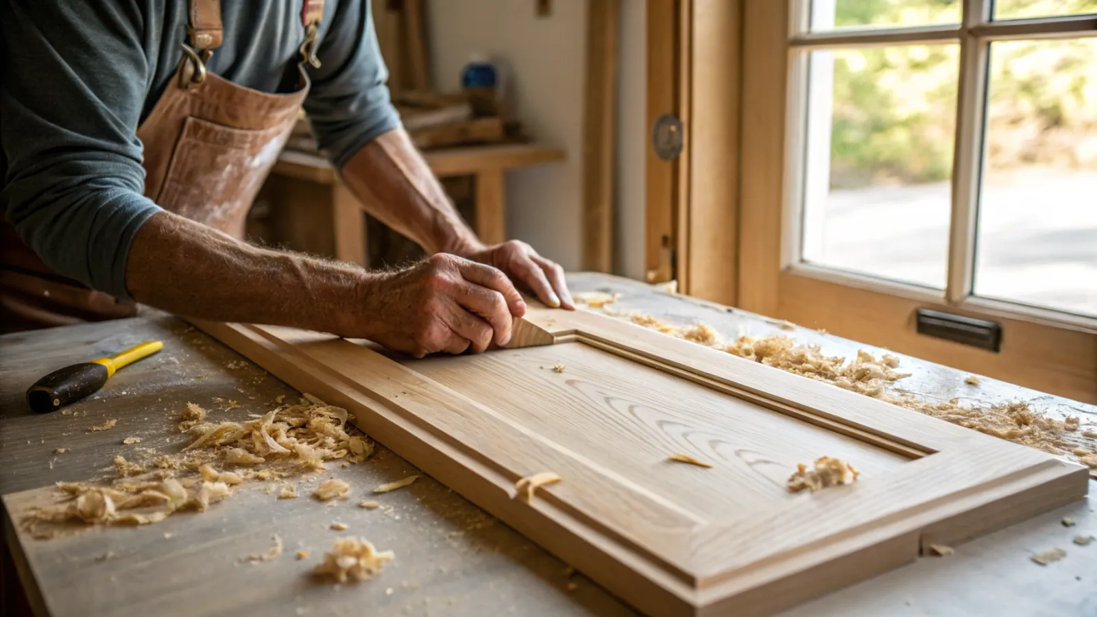Hand-sanding a five-piece white oak cabinet door in the shop