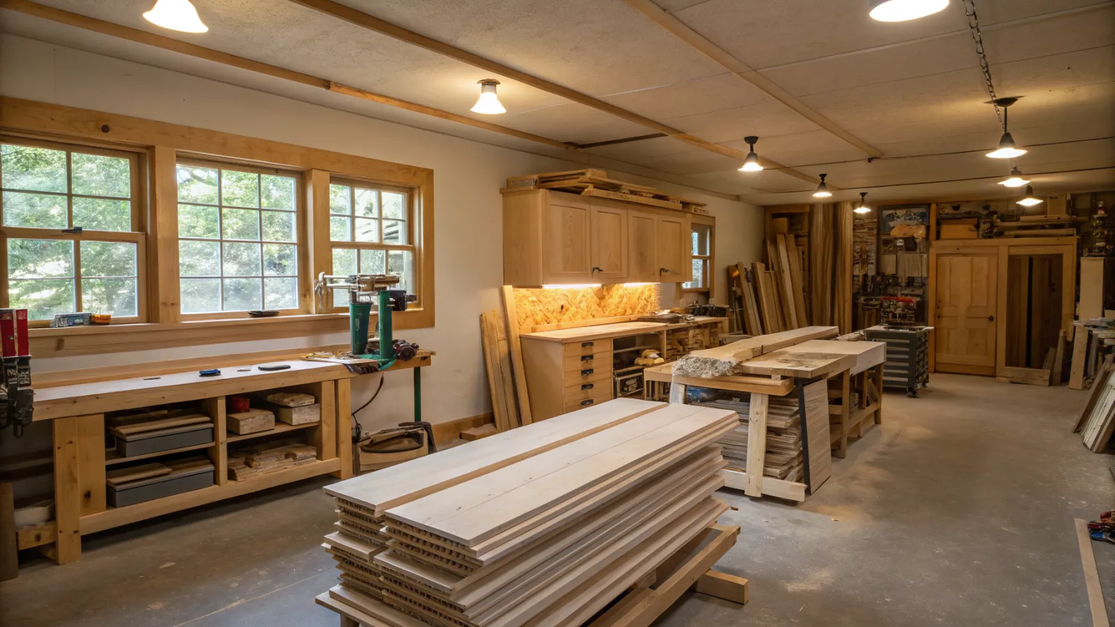 Inside the Fourlakes cabinet shop: benches, stacked white oak, and doors drying on racks