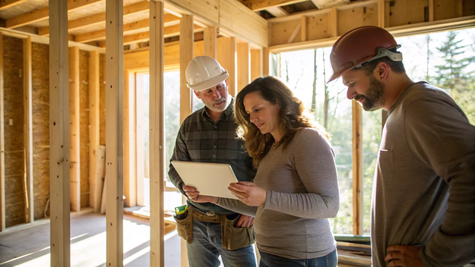 The Fourlakes crew reviewing plans inside a framed remodel
