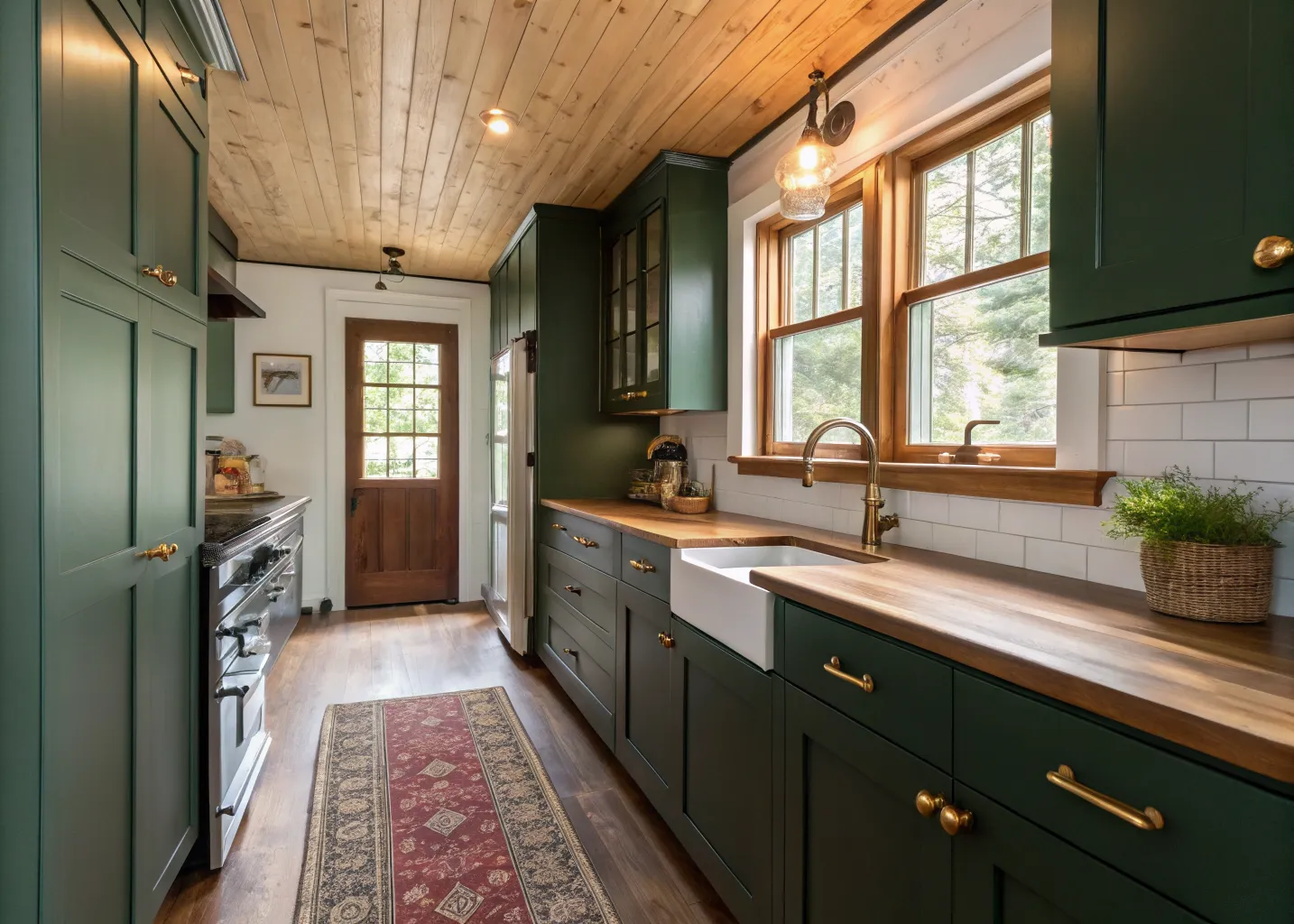 Deep green galley cabinets with butcher block counter