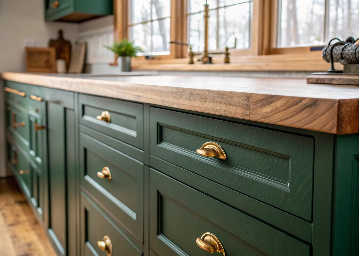 Butcher block and brass hardware detail