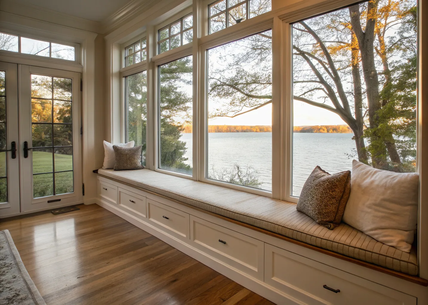 Window seat running the length of the lake wall