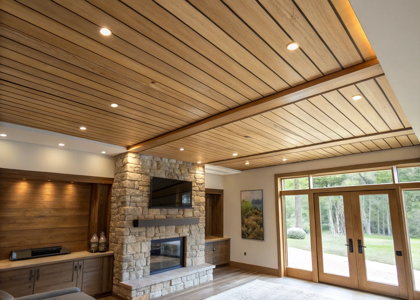 White oak slat ceiling with concealed lighting