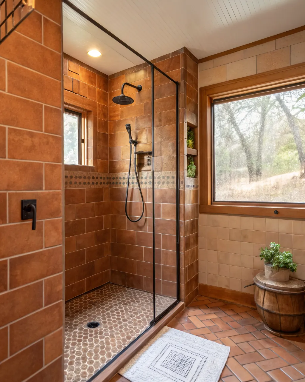 Curbless shower behind frameless glass, terracotta zellige