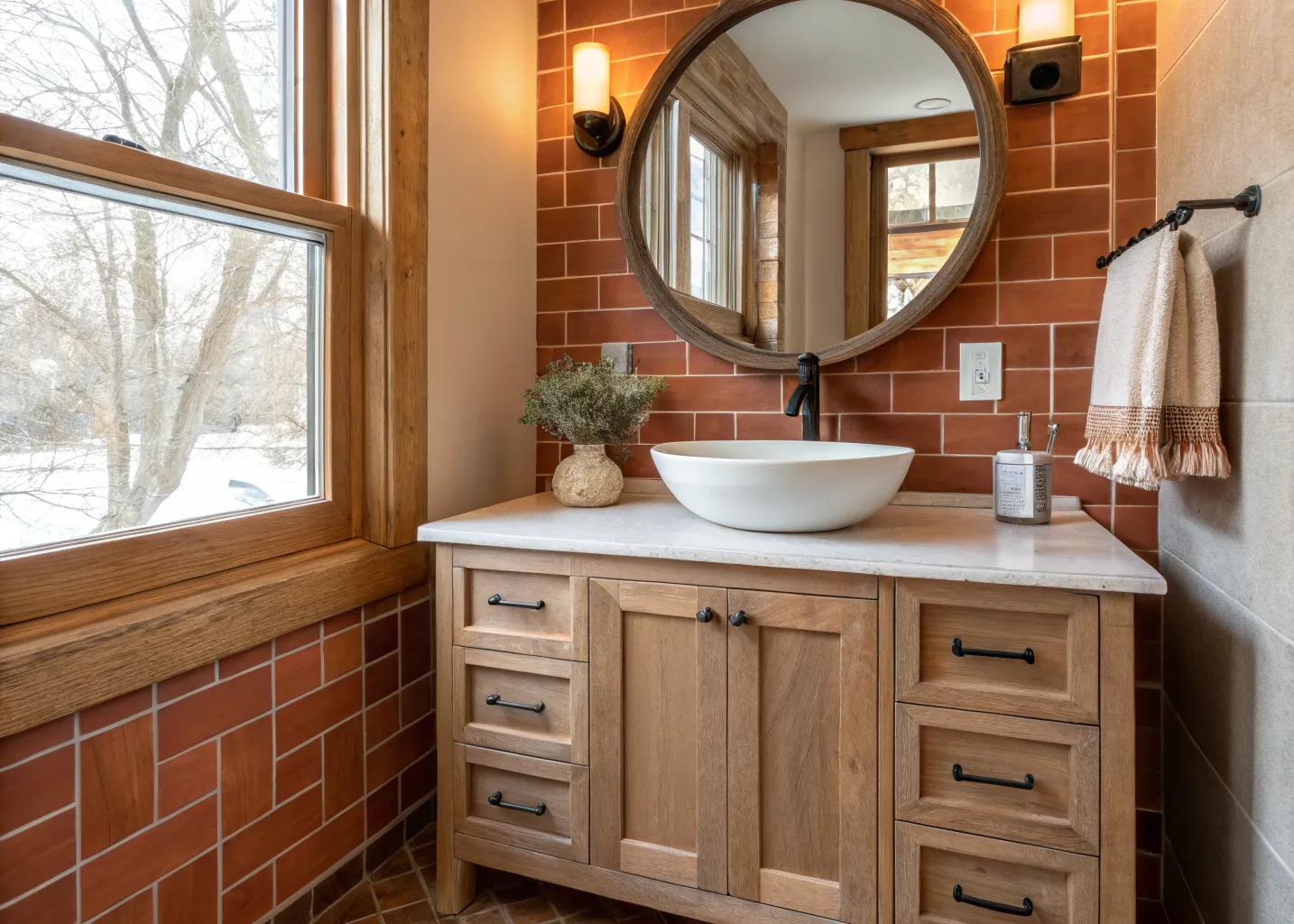 Floating white oak vanity in the finished wet room
