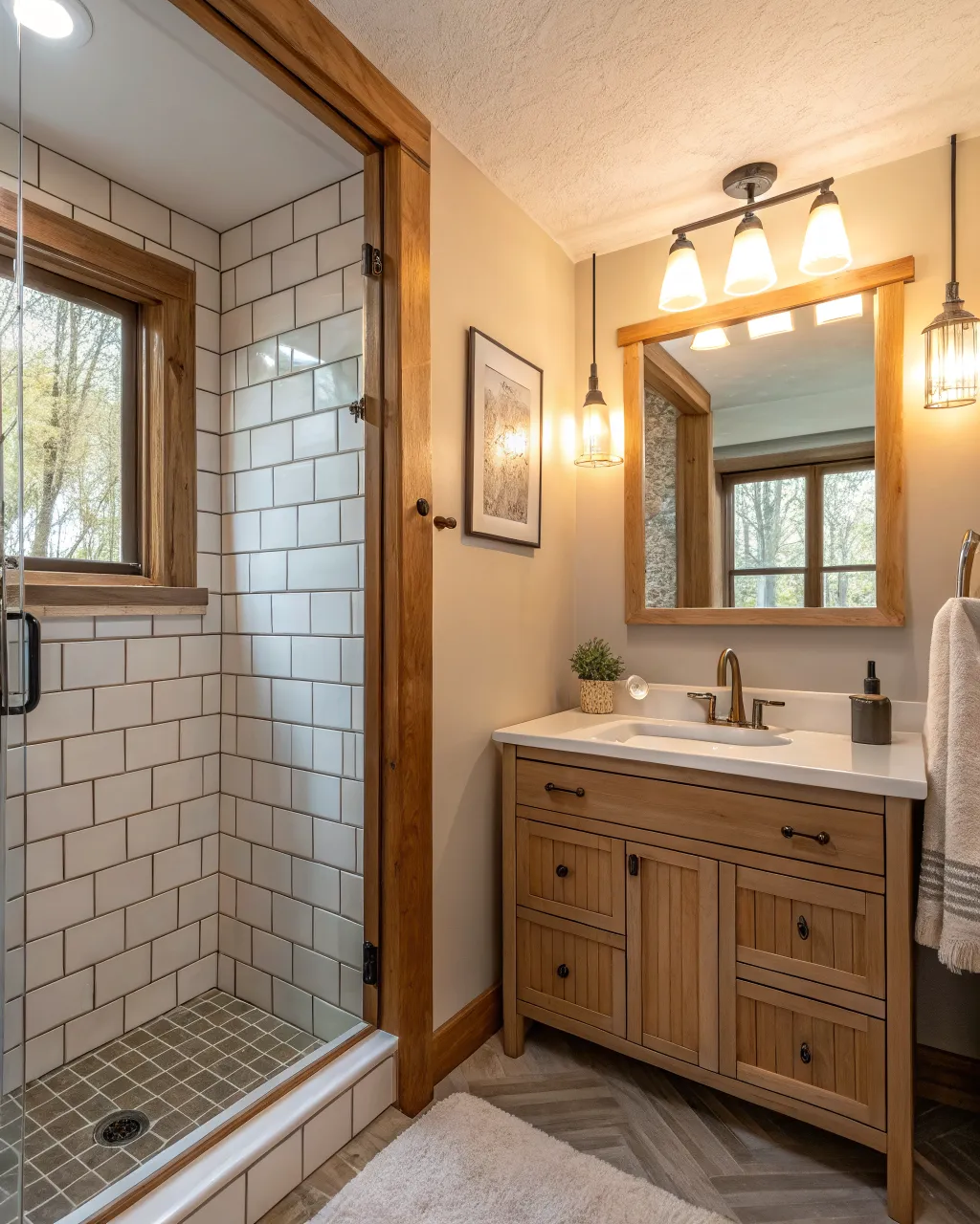 The guest bath, tiled to upstairs standards