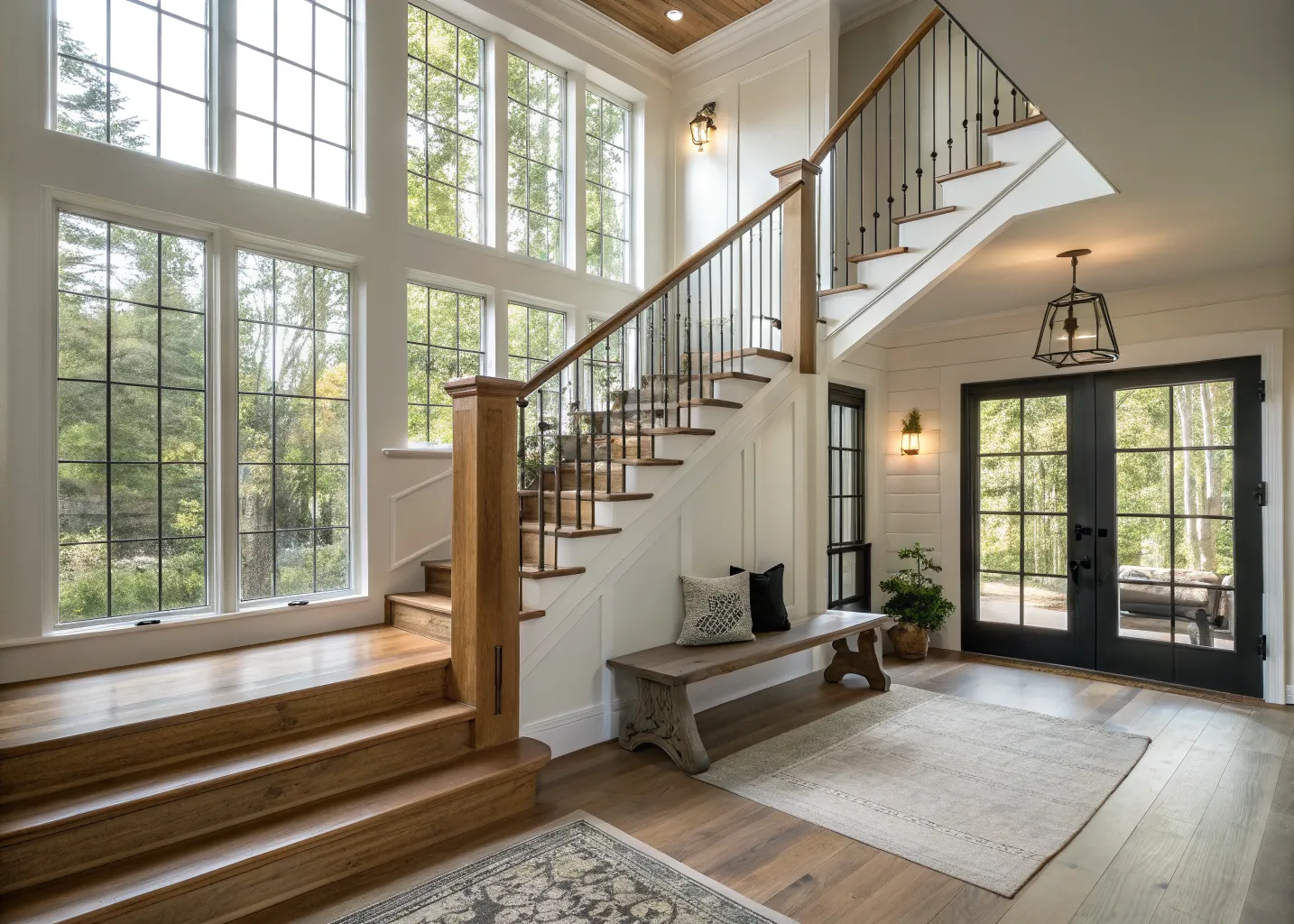 Open white oak and blackened steel staircase in a renovated 1931 colonial