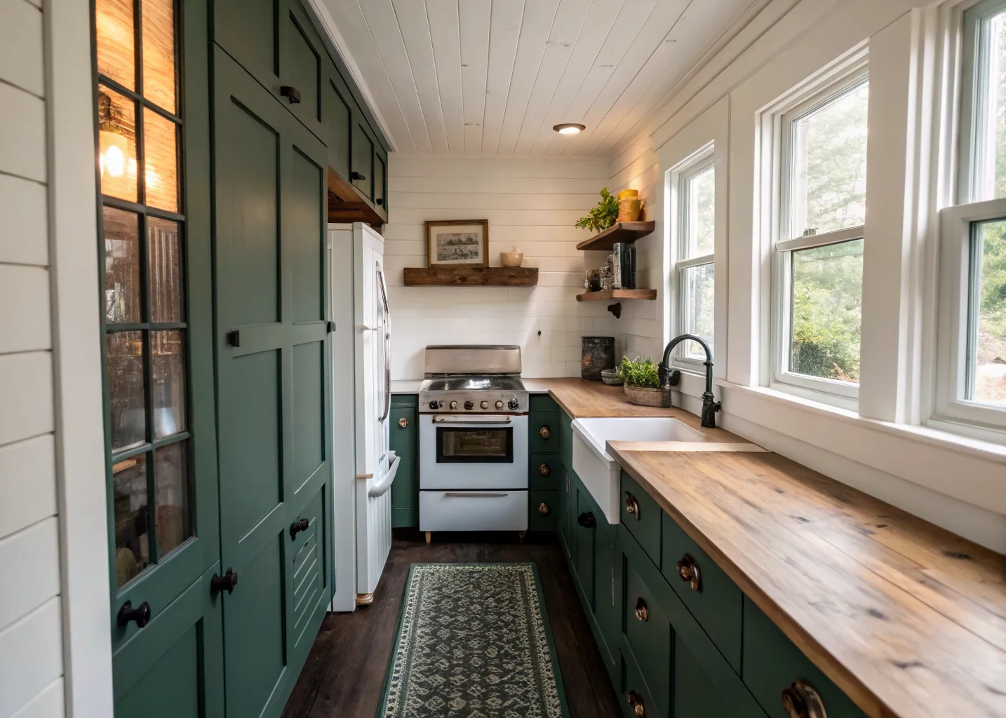 Deep green galley kitchen with butcher block counters in a worker cottage