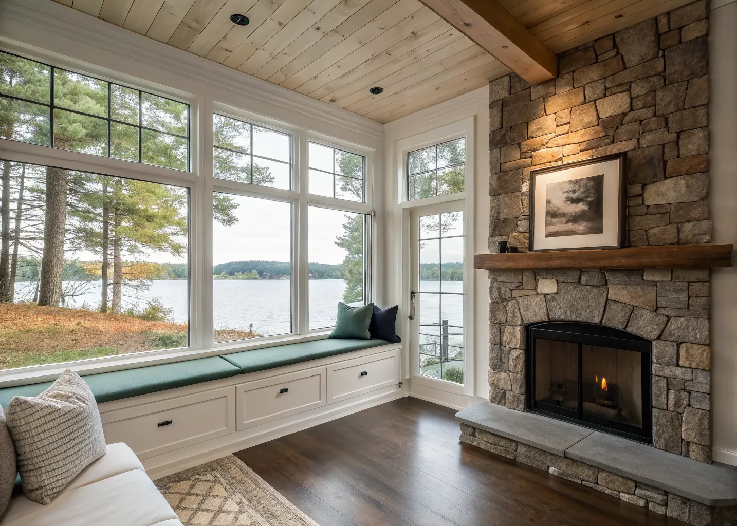 Walkout basement media room and bar with lake views