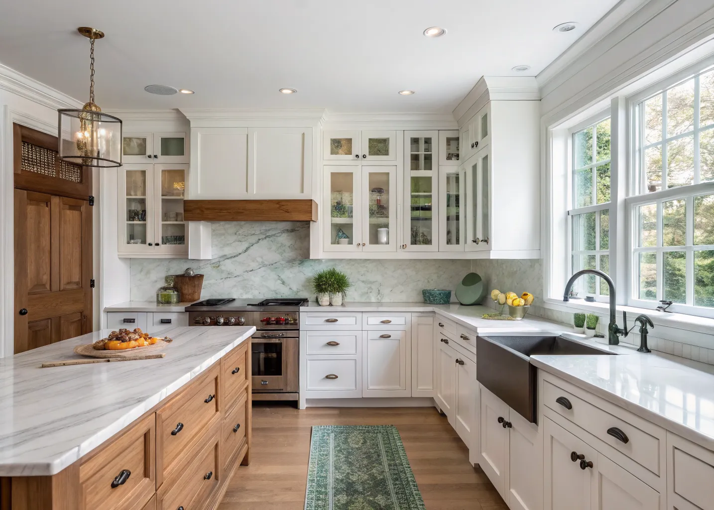 Bright painted-maple kitchen with slab marble backsplash and oak shelving