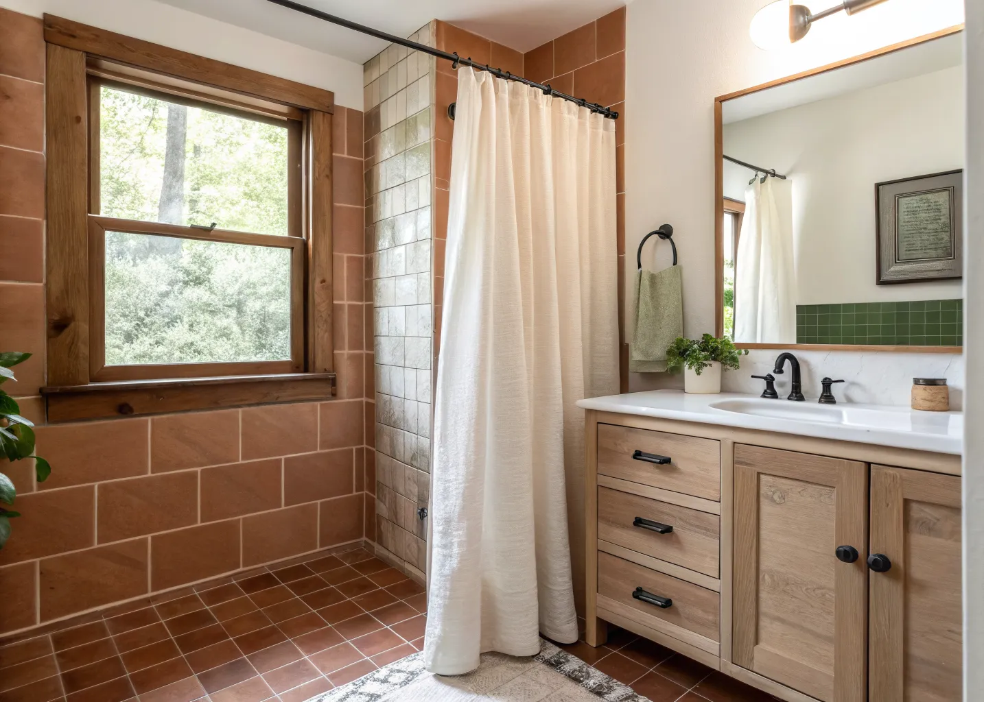 Curbless wet room with terracotta zellige tile and floating white oak vanity