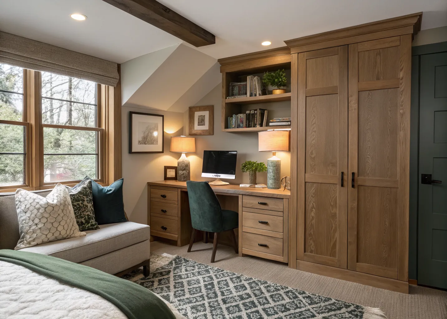 Basement office and library with shop-built white oak desk wall