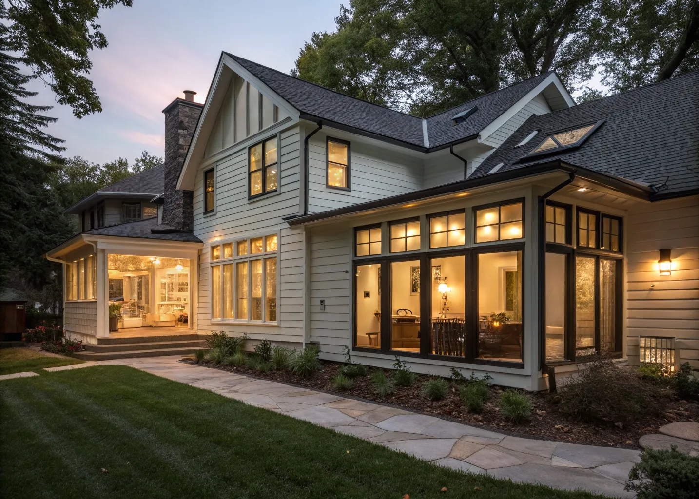 Rear addition on a craftsman bungalow at dusk with board-and-batten siding and warm interior light
