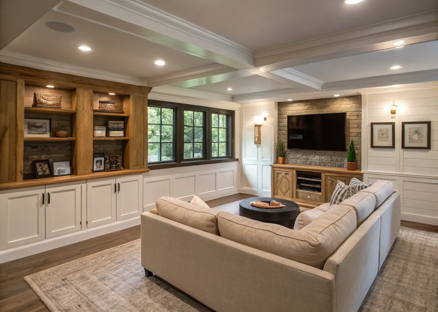 Finished basement family room with a built-in white oak media wall