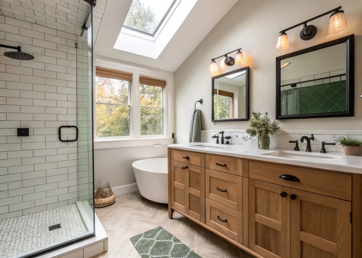 Walk-in shower with zellige tile and a white oak floating vanity