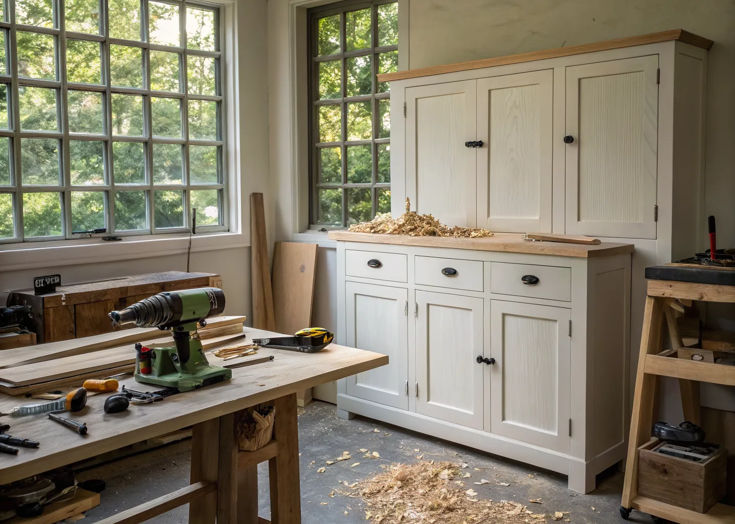 White oak cabinet doors stacked in the Fourlakes workshop