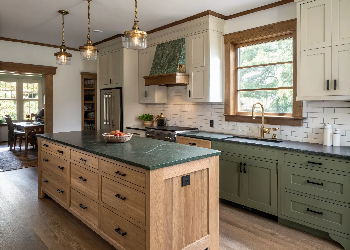 Rift-sawn white oak kitchen with soapstone counters and a spruce green island