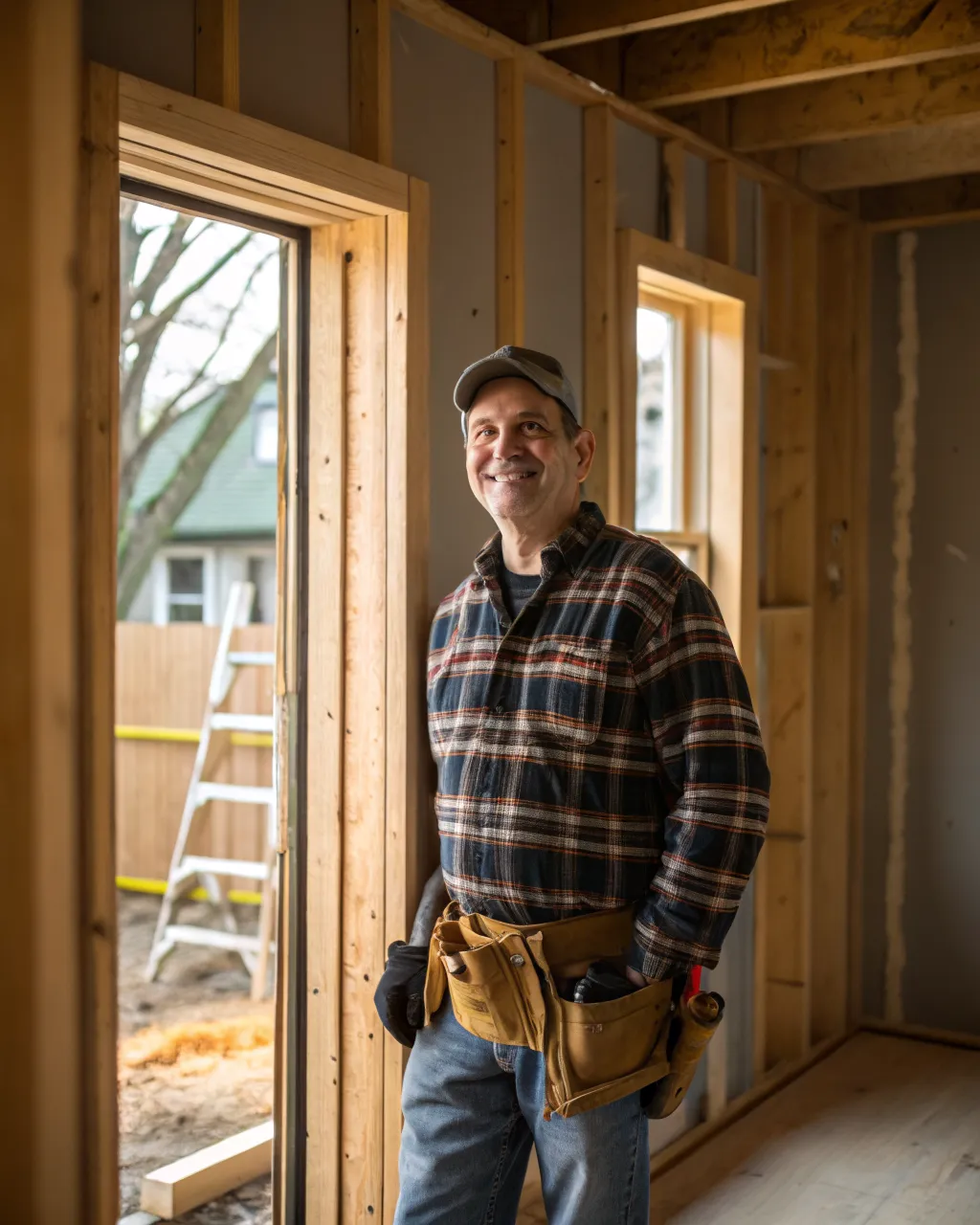 Cole Brandt in a framed remodel with his tool belt