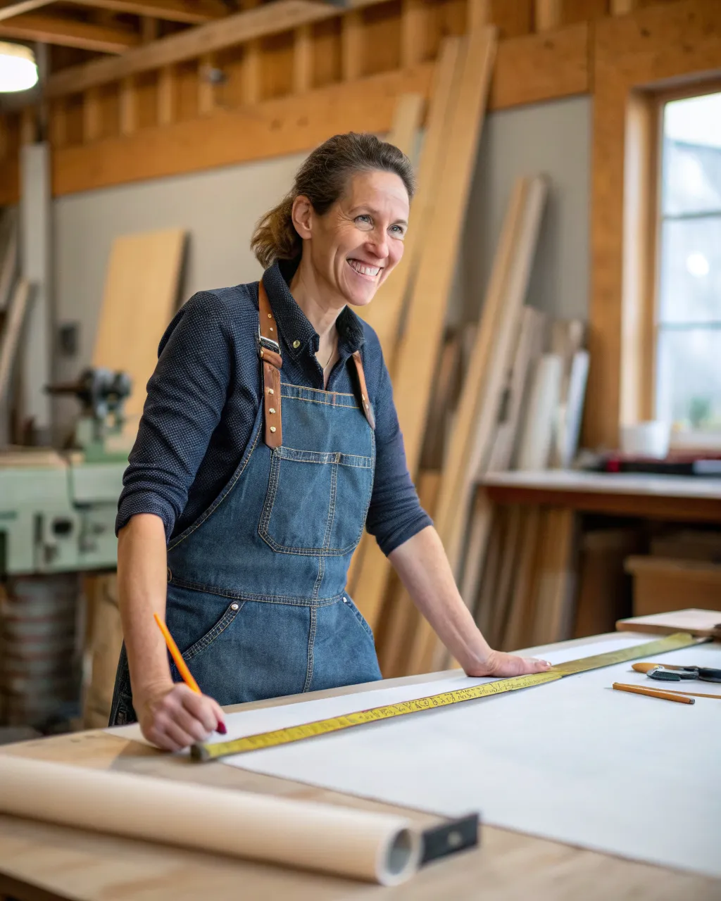 Erin Vosskuhler at the drafting table in the Fourlakes studio