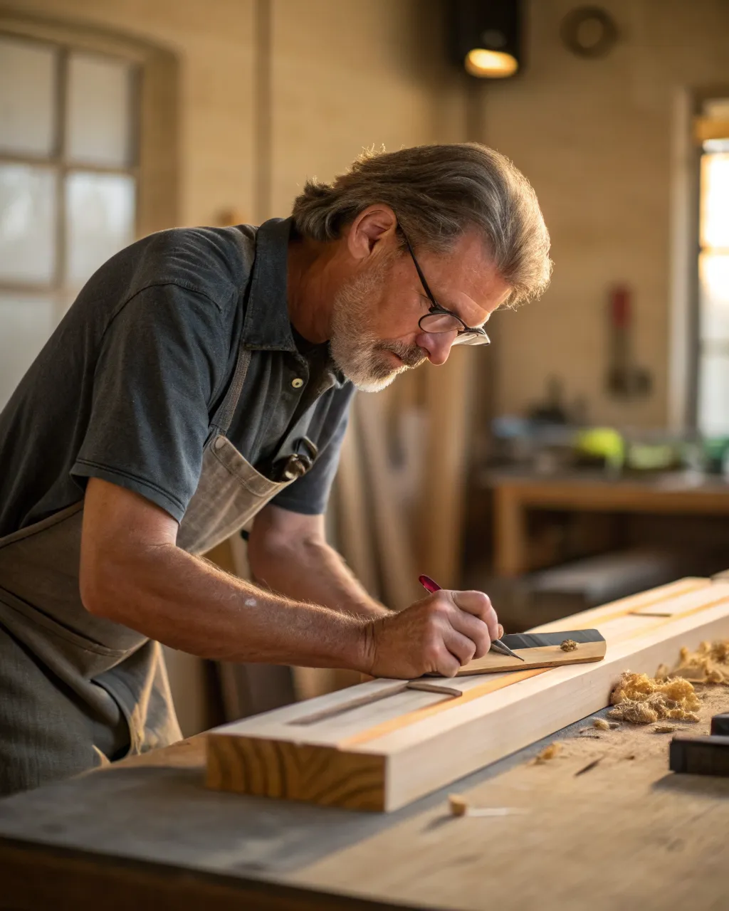 Gus Reyes planing a white oak board at his bench